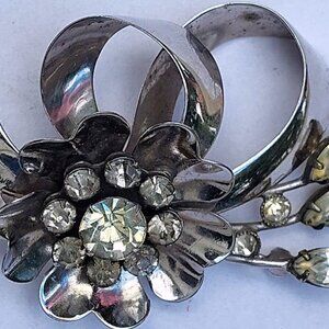 Vintage Silver Metal Flower Branch with beautiful Rhinestones